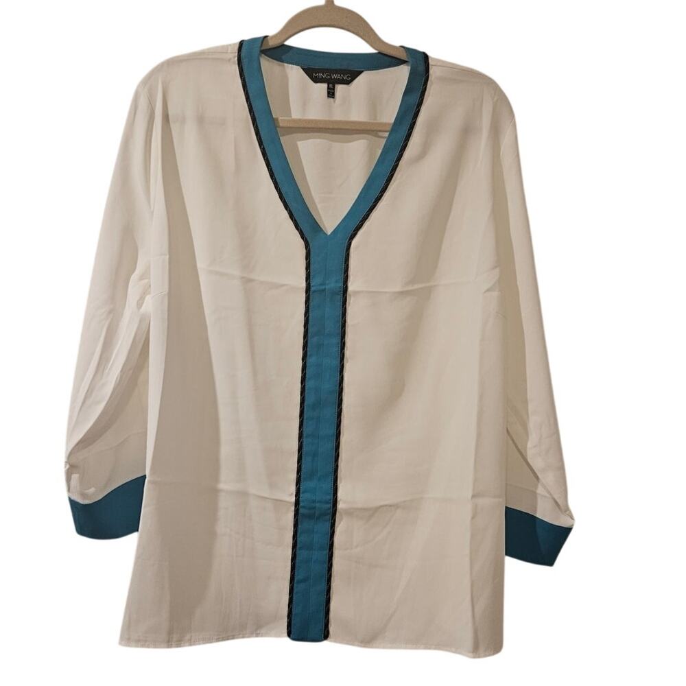Ming Wang White Blouse with Teal Trim